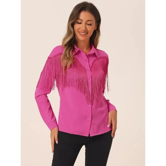Women's Hot Pink Western Fringe Blouse Long Sleeve Button Down Cowgirl Shirt